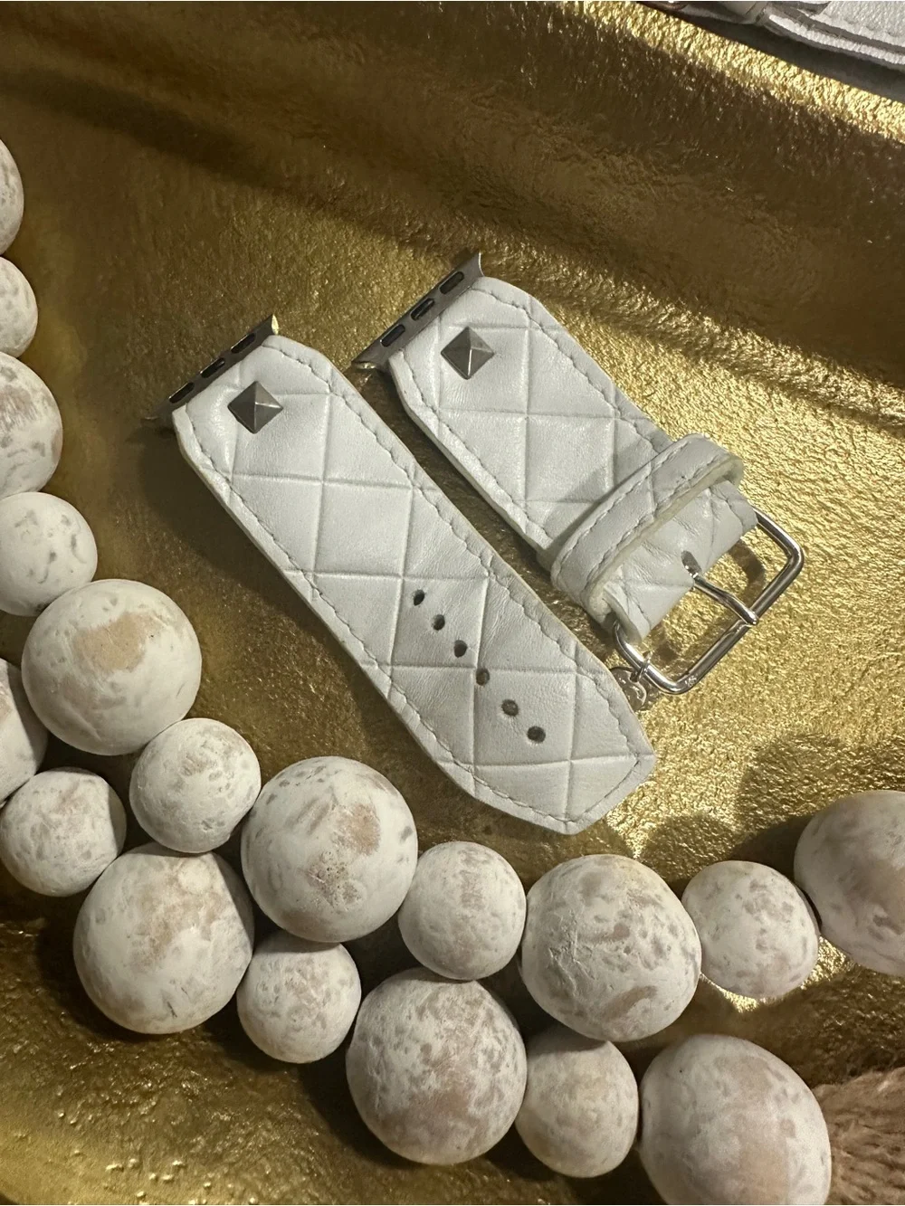 Quilted White Leather Apple Watch Band with Stud Details